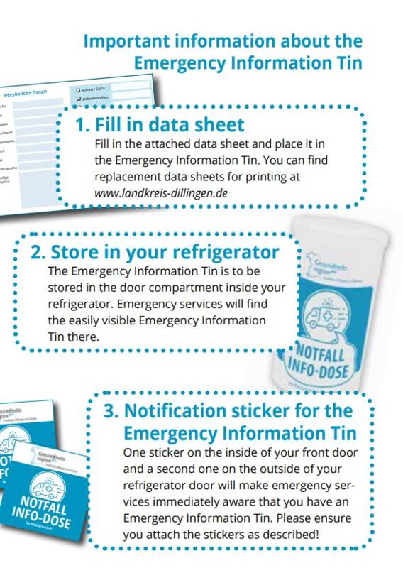 Notfalldose wichtige Infos (englisch)